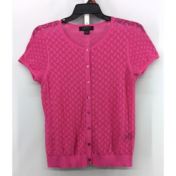 august silk Tops - August Silk Blouse Womens Large Pink Perforated Short Sleeve Casual Button Up